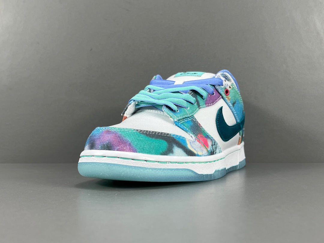 Futura Laboratories x Nike SB Dunk Low White and Geode Teal